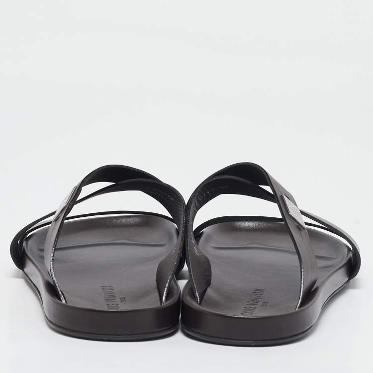 Pre Owned Louis Vuitton Dark Brown Leather Pioneer Cross Strap Flat Slides Size 45