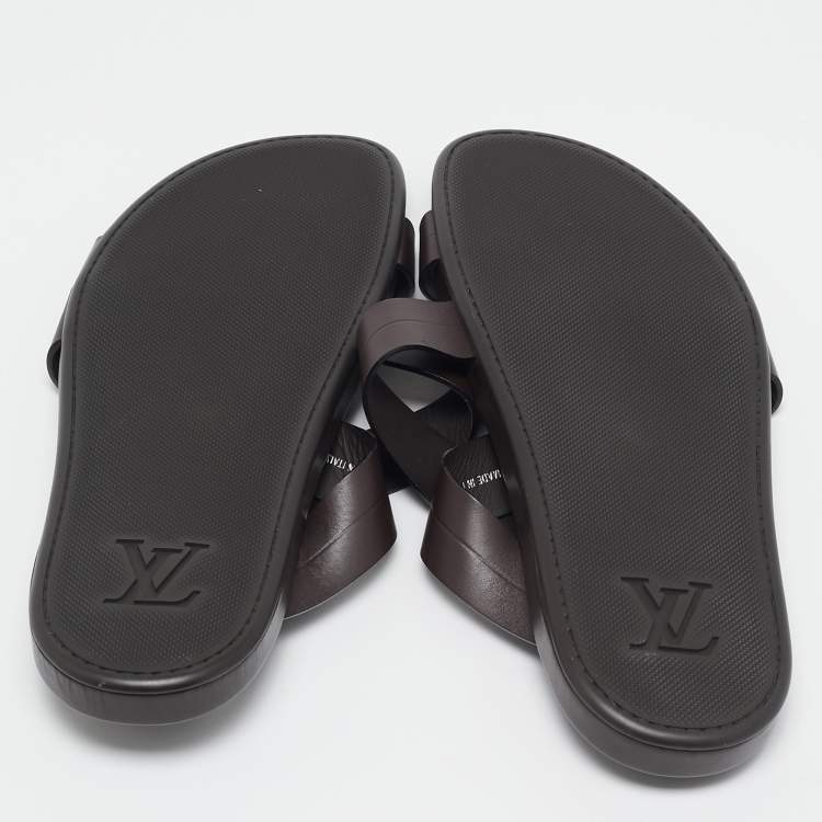Pre Owned Louis Vuitton Dark Brown Leather Pioneer Cross Strap Flat Slides Size 45