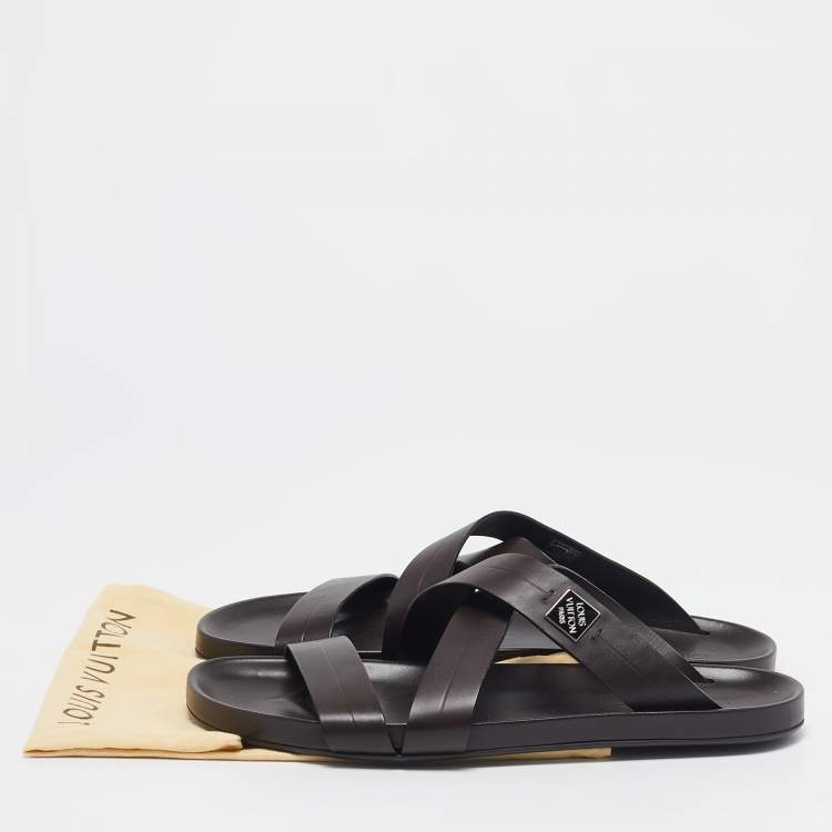Pre Owned Louis Vuitton Dark Brown Leather Pioneer Cross Strap Flat Slides Size 45
