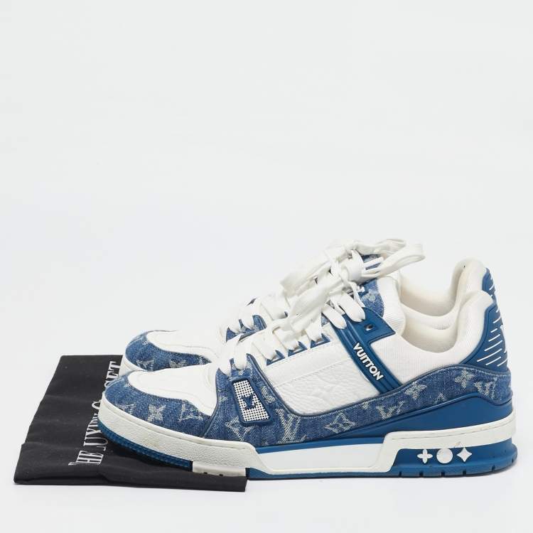 Pre Owned Louis Vuitton Blue/White Leather and Denim LV Trainer Sneakers Size 43.5