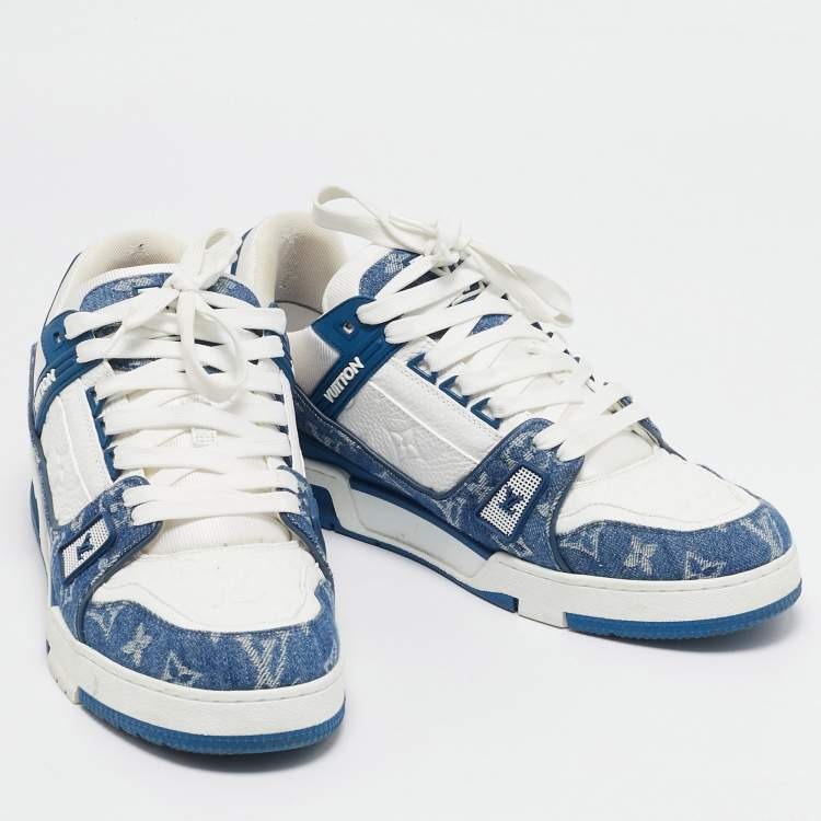 Pre Owned Louis Vuitton Blue/White Leather and Denim LV Trainer Sneakers Size 43.5