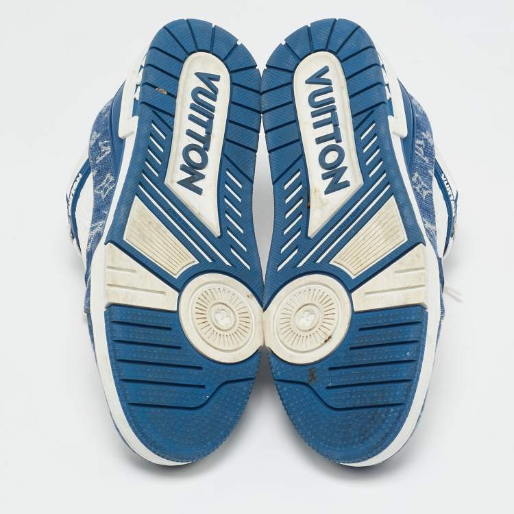 Pre Owned Louis Vuitton Blue/White Leather and Denim LV Trainer Sneakers Size 43.5