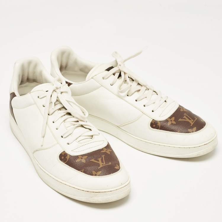 Pre Owned Louis Vuitton White Leather and Monogram Canvas Rivoli Sneakers Size 45