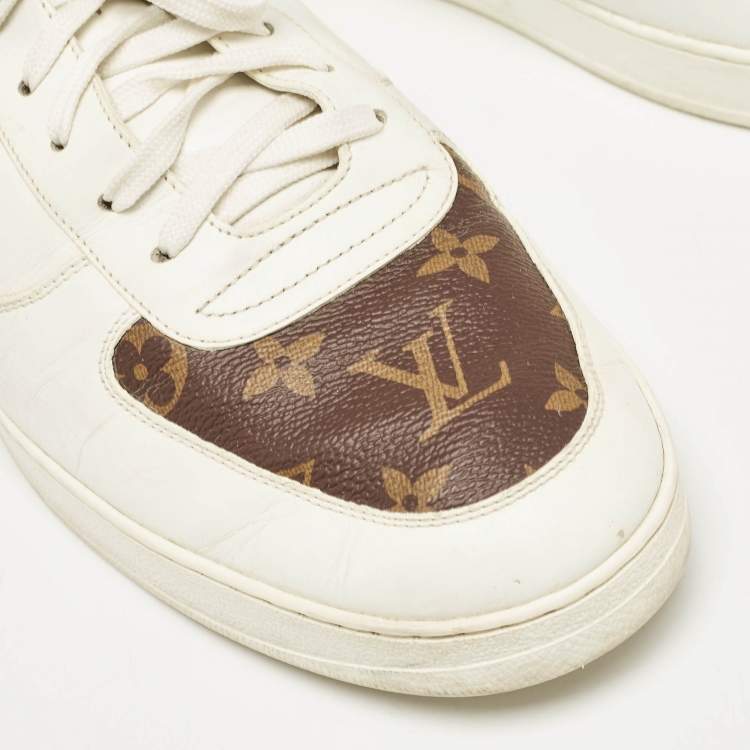 Pre Owned Louis Vuitton White Leather and Monogram Canvas Rivoli Sneakers Size 45