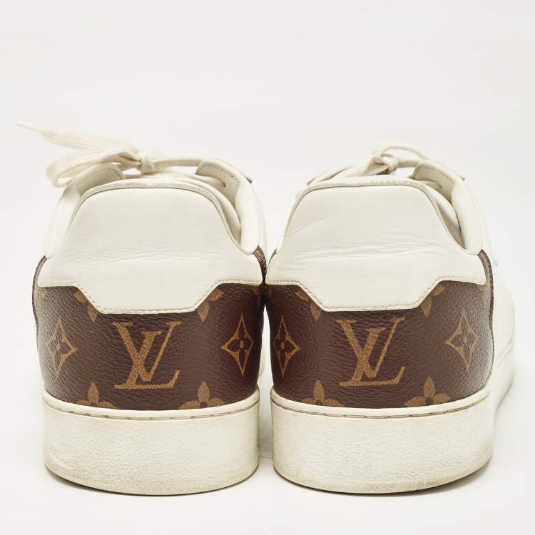 Pre Owned Louis Vuitton White Leather and Monogram Canvas Rivoli Sneakers Size 45