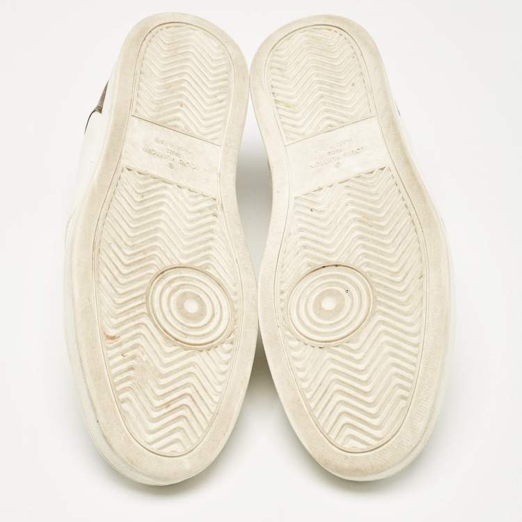 Pre Owned Louis Vuitton White Leather and Monogram Canvas Rivoli Sneakers Size 45
