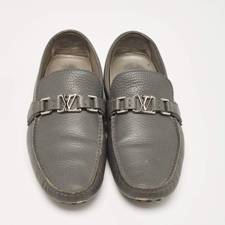 Pre Owned Louis Vuitton Grey Leather Hockenheim Loafers Size 44