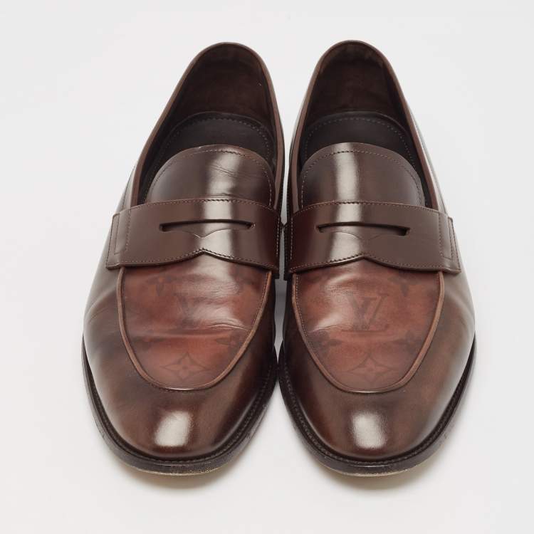 Pre Owned Louis Vuitton Brown Monogram Leather Slip On Loafers Size 42