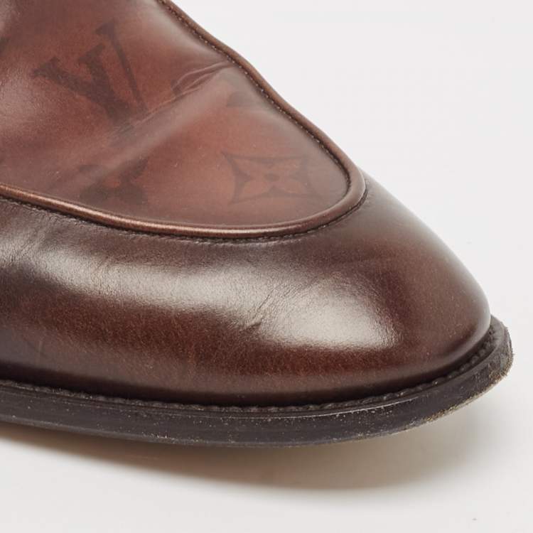 Pre Owned Louis Vuitton Brown Monogram Leather Slip On Loafers Size 42