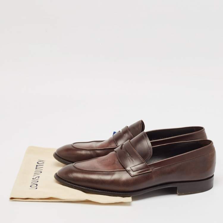 Pre Owned Louis Vuitton Brown Monogram Leather Slip On Loafers Size 42