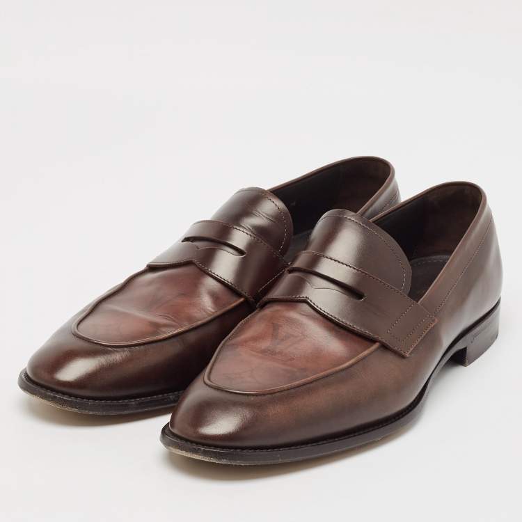 Pre Owned Louis Vuitton Brown Monogram Leather Slip On Loafers Size 42