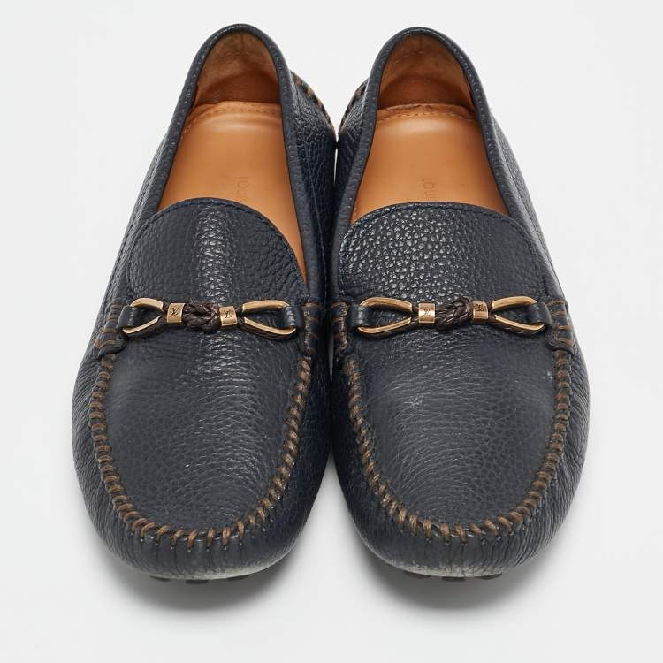 Pre Owned Louis Vuitton Navy Blue Leather Hockenheim Loafers Size 41