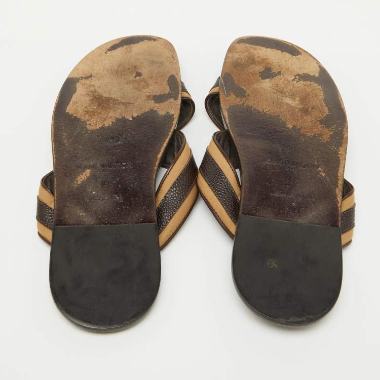 Pre Owned Louis Vuitton Brown/Beige Leather and Fabric Criss-Cross Flat Sandals Size 44