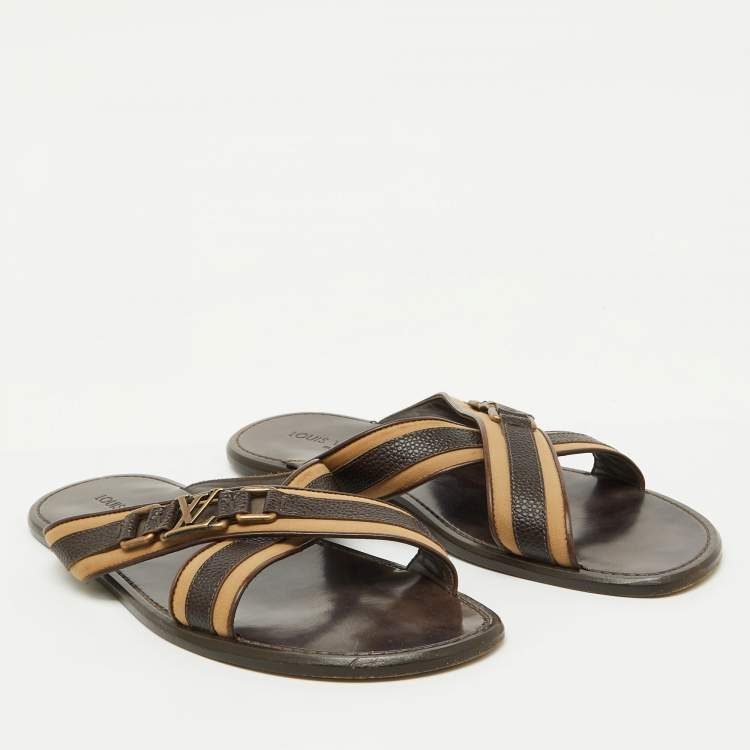 Pre Owned Louis Vuitton Brown/Beige Leather and Fabric Criss-Cross Flat Sandals Size 44