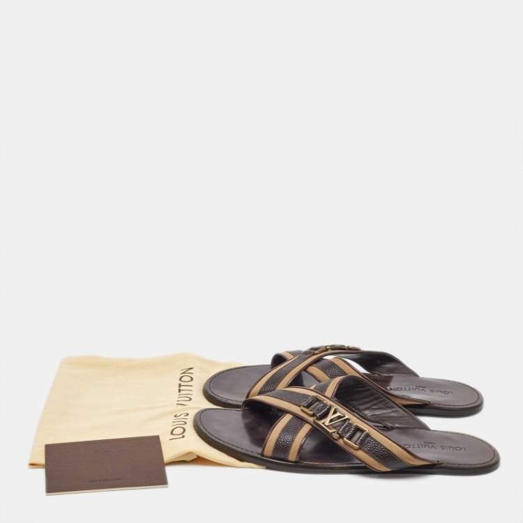Pre Owned Louis Vuitton Brown/Beige Leather and Fabric Criss-Cross Flat Sandals Size 44