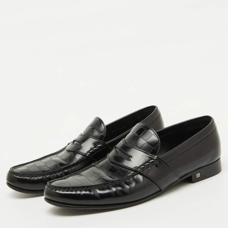 Pre Owned Louis Vuitton Black Damier Leather Santiago Slip On Loafers Size 43.5
