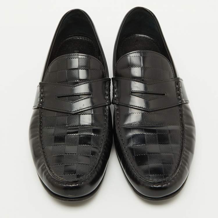 Pre Owned Louis Vuitton Black Damier Leather Santiago Slip On Loafers Size 43.5