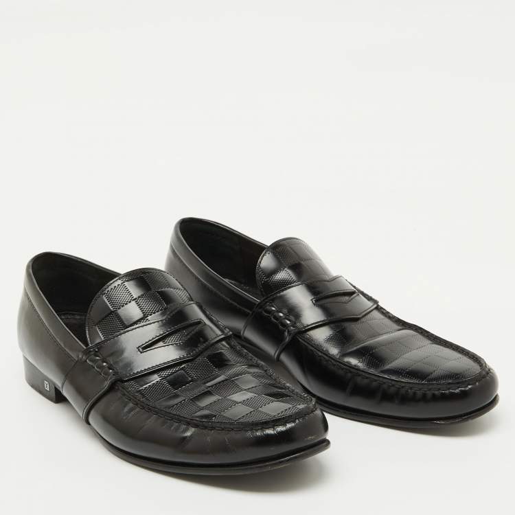 Pre Owned Louis Vuitton Black Damier Leather Santiago Slip On Loafers Size 43.5