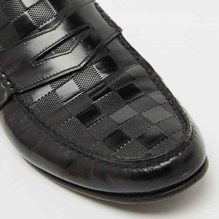 Pre Owned Louis Vuitton Black Damier Leather Santiago Slip On Loafers Size 43.5