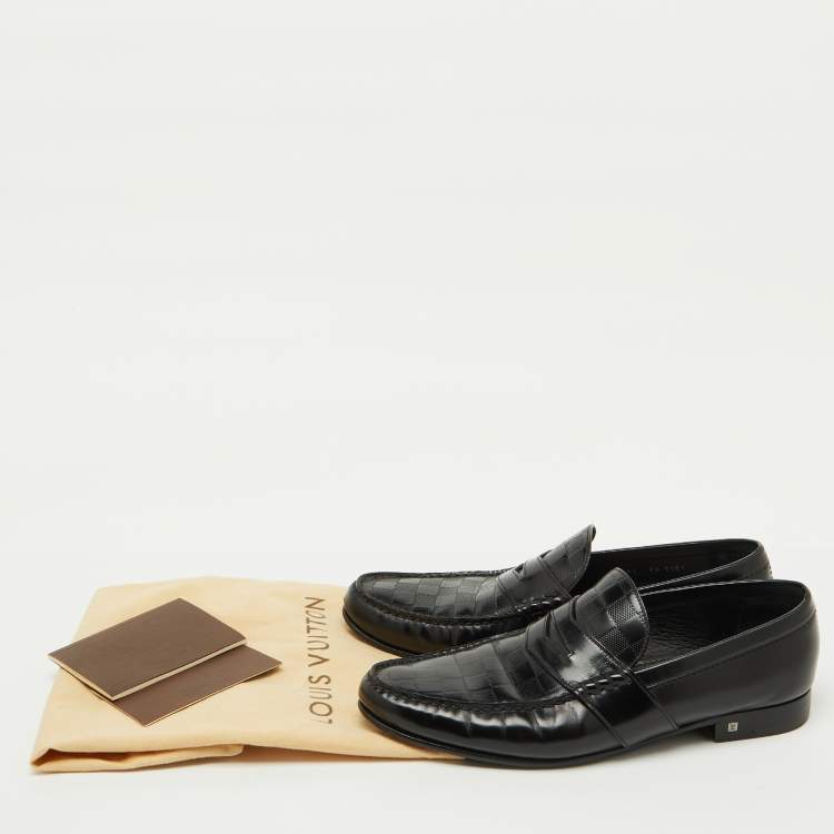 Pre Owned Louis Vuitton Black Damier Leather Santiago Slip On Loafers Size 43.5