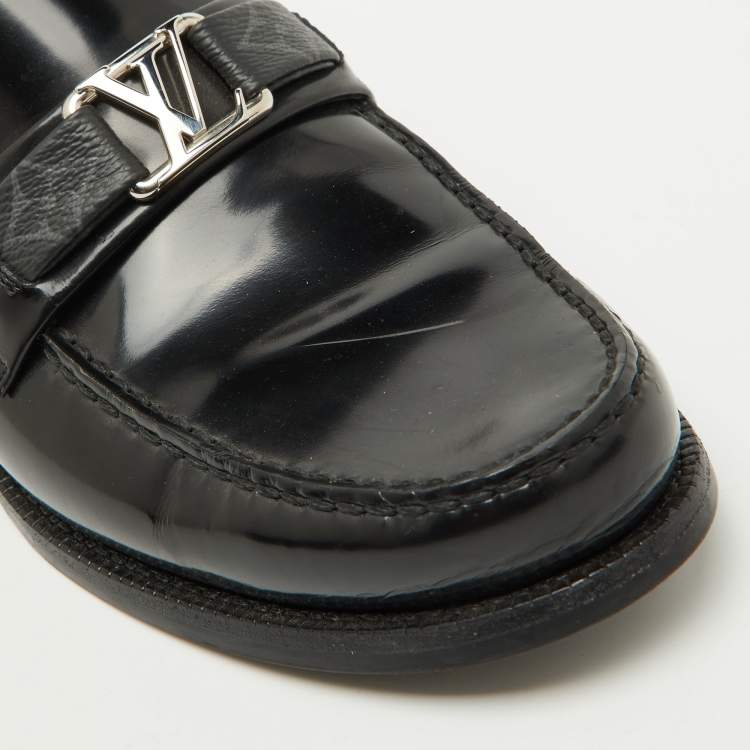 Pre Owned Louis Vuitton Black Leather and Monogram Canvas Major Loafers Size 39