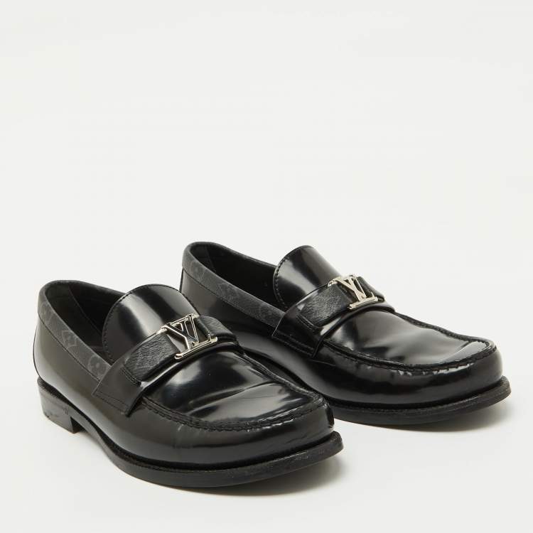 Pre Owned Louis Vuitton Black Leather and Monogram Canvas Major Loafers Size 39