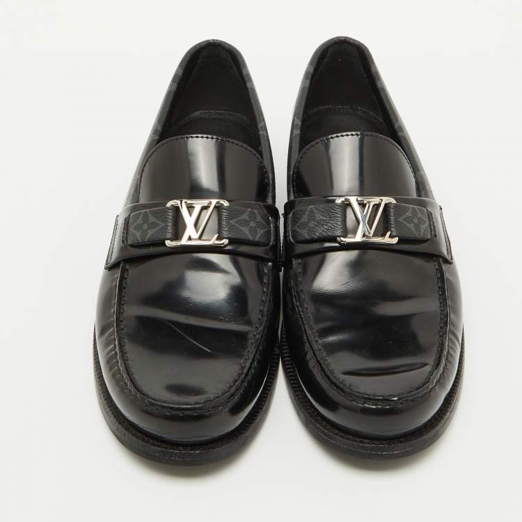 Pre Owned Louis Vuitton Black Leather and Monogram Canvas Major Loafers Size 39