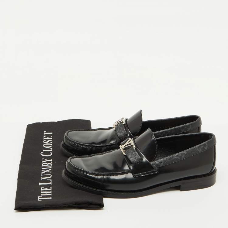 Pre Owned Louis Vuitton Black Leather and Monogram Canvas Major Loafers Size 39