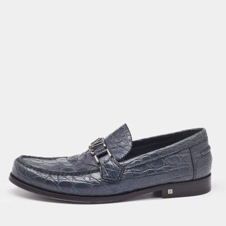 Pre Owned Louis Vuitton Blue Crocodile Major Loafers Size 42.5