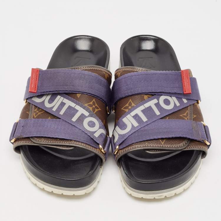 Pre Owned Louis Vuitton Brown Monogram Canvas and Leather Honolulu Slide Sandals Size 43.5