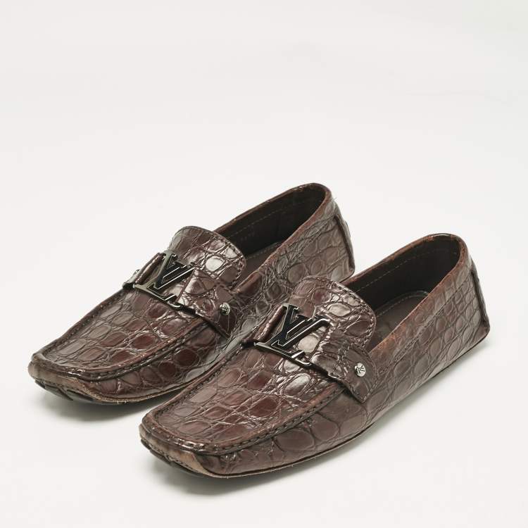 Pre Owned Louis Vuitton Dark Brown Alligator Leather Monte Carlo Loafers Size 43.5