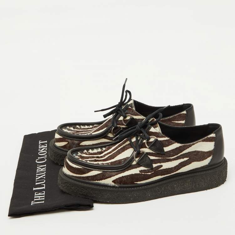 Pre Owned Louis Vuitton Brown Animal Print Calf Hair Creepers Platform Oxfords Size 43