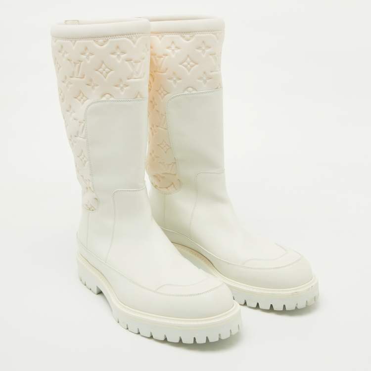 Pre Owned Louis Vuitton White Leather and Monogram Neoprene Calf Length Boots Size 43