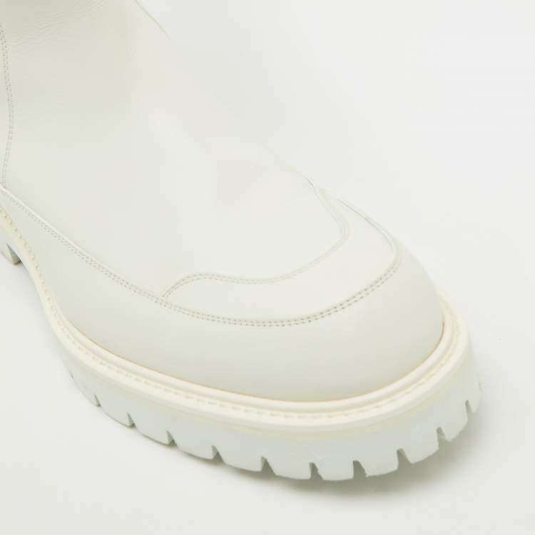 Pre Owned Louis Vuitton White Leather and Monogram Neoprene Calf Length Boots Size 43