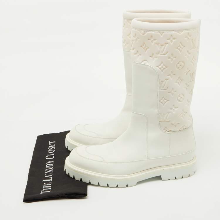 Pre Owned Louis Vuitton White Leather and Monogram Neoprene Calf Length Boots Size 43