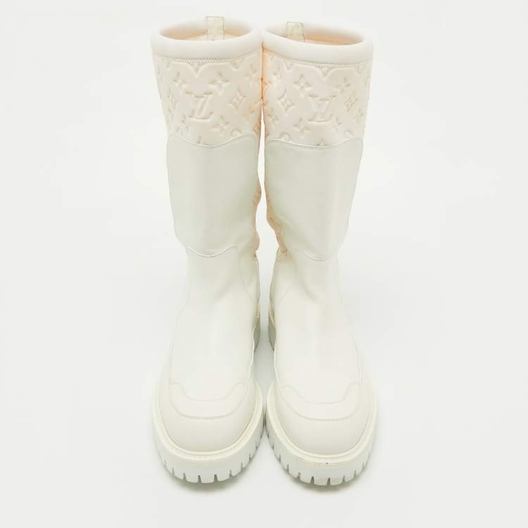 Pre Owned Louis Vuitton White Leather and Monogram Neoprene Calf Length Boots Size 43