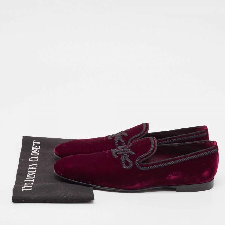 Pre Owned Louis Vuitton Burgundy Velvet Embroidered Auteuil Loafers Size 43.5