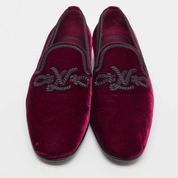 Pre Owned Louis Vuitton Burgundy Velvet Embroidered Auteuil Loafers Size 43.5