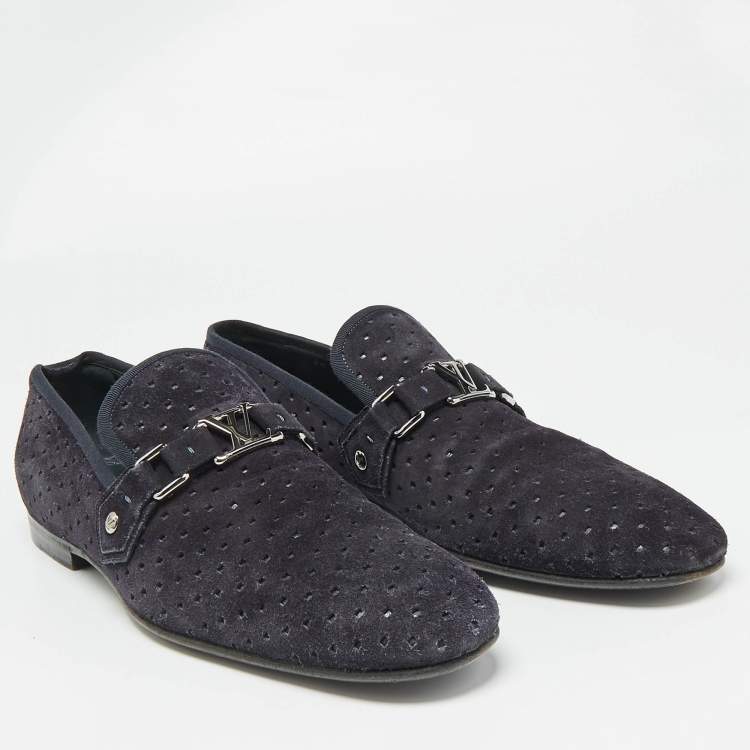 Pre Owned Louis Vuitton Navy Blue Suede Hockenheim Loafers Size 43.5