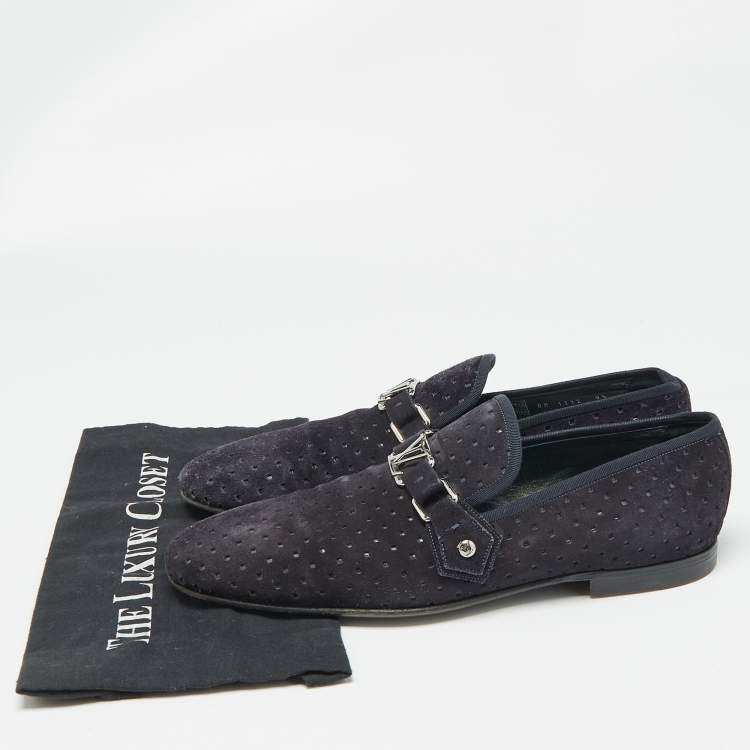 Pre Owned Louis Vuitton Navy Blue Suede Hockenheim Loafers Size 43.5