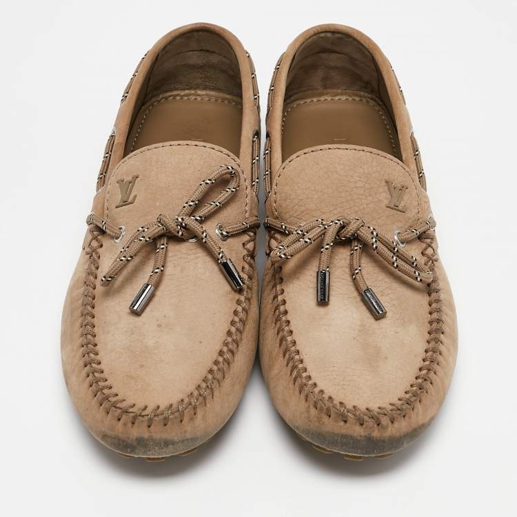 Pre Owned Louis Vuitton Brown Suede  Logo Bow Loafers Size 43