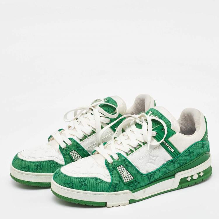 Pre Owned Louis Vuitton White/Green Leather and Denim LV Trainer Sneakers Size 44