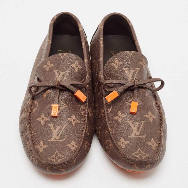 Pre Owned Louis Vuitton Brown Monogram Canvas Driver Loafers Size 40.5