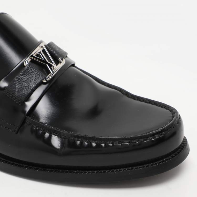 Pre Owned Louis Vuitton Black Leather and Monogram Eclipse Major Loafer Size 42