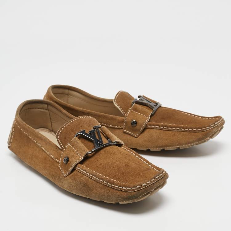 Pre Owned Louis Vuitton Brown Suede Monte Carlo Slip On Loafers Size 42.5