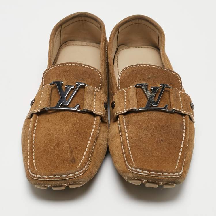 Pre Owned Louis Vuitton Brown Suede Monte Carlo Slip On Loafers Size 42.5