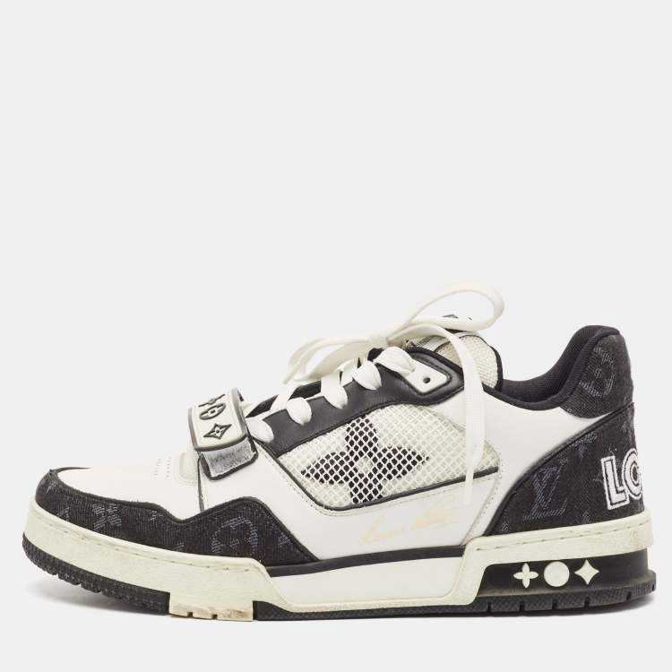 Pre Owned Louis Vuitton Black/White Leather and Monogram Denim LV Trainer Sneakers Size 40
