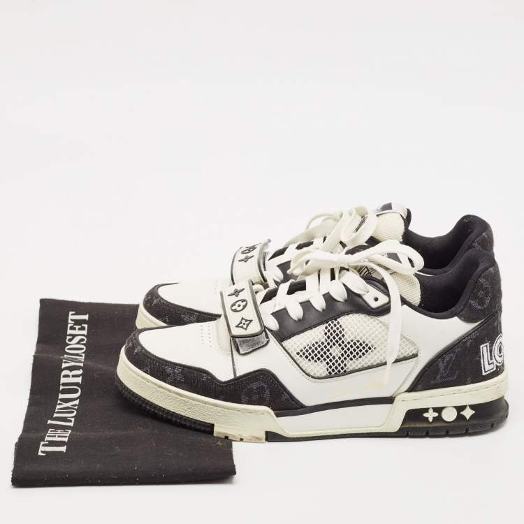 Pre Owned Louis Vuitton Black/White Leather and Monogram Denim LV Trainer Sneakers Size 40