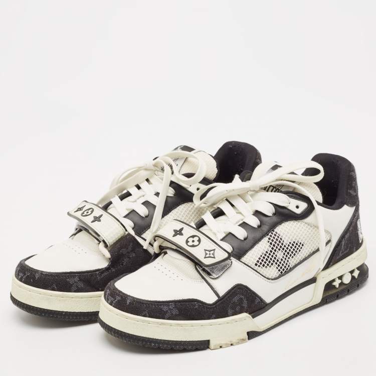 Pre Owned Louis Vuitton Black/White Leather and Monogram Denim LV Trainer Sneakers Size 40