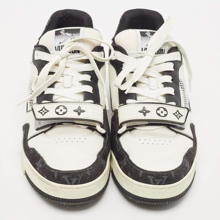 Pre Owned Louis Vuitton Black/White Leather and Monogram Denim LV Trainer Sneakers Size 40